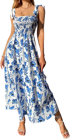 MakeMeChic Women's Summer Boho Dress Floral Print Spaghetti Strap Square Neck Shirred Maxi Dress Beach Sun Dress A Blue and White L at Amazon Women’s Clothing store