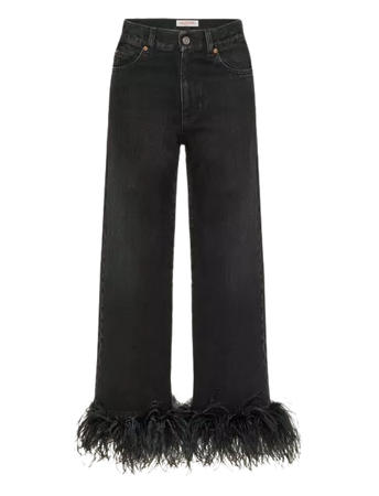 Denim Jeans Embroidered With Feathers for Woman in Black | Valentino US