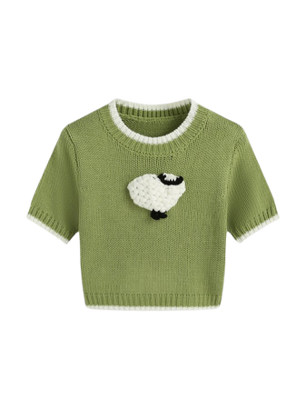 Knitted Sheep Contrasting Binding Crop Short Sleeve Top - Cider