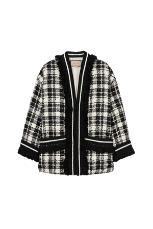 Black Oversized fringed checked wool-blend tweed jacket | Gucci | NET-A-PORTER