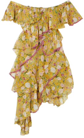 Anjuna - Nuccia Off-the-shoulder Ruffled Floral-print Silk-chiffon Dress - Chartreuse