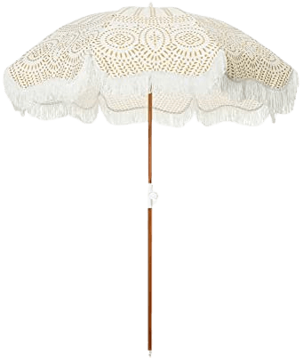 Amazon.com : Business & Pleasure Co. Holiday Umbrella - White Boho Beach Umbrella with Fringe - UPF 50+ Blocks 98% UV - Premium Wood Pole & Aluminum Hinge - Antique White : Patio, Lawn & Garden