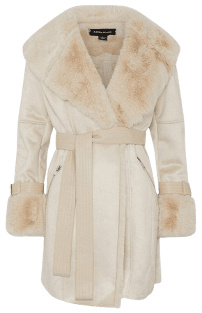 Mock Shearling Fur Cuff Belted Coat | Karen Millen