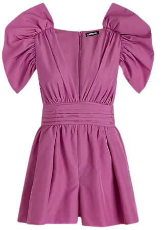 V-neck Puff Sleeve Pleated Romper | Express