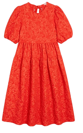 Red midi textured puff sleeve dress - Red bright - Monki WW