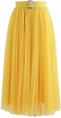 Full Pleated Double-Layered Mesh Midi Skirt in Yellow - Retro, Indie and Unique Fashion