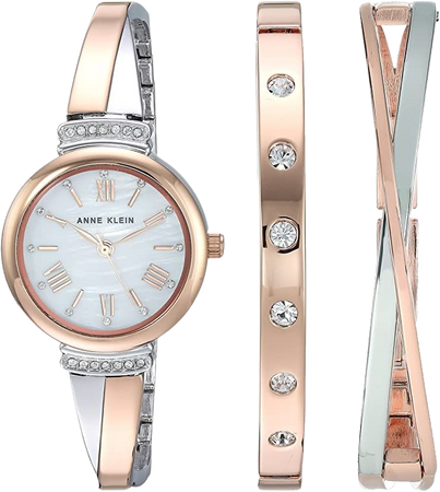 Anne Klein Women's AK/2245RTST Swarovski Crystal Accented Rose Gold-Tone and Silver-Tone Bangle Watch and Bracelet Set: Anne Klein