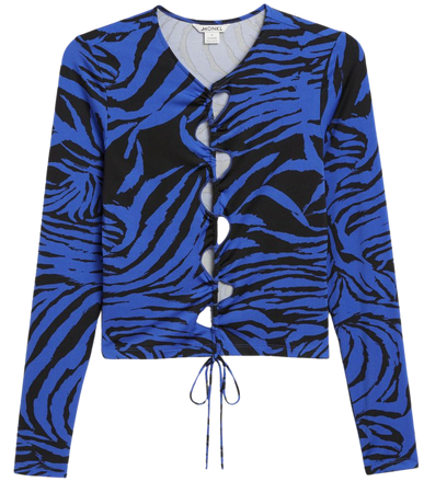 Long blue zebra print sleeve top with drawstring - Blue zebra print - Monki WW