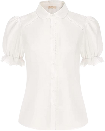 Women's Short Sleeve Vintage Blouse Semi Loose Button Shirts Retro Puff Sleeve Slim Tops for Women Plus White XL at Amazon Women’s Clothing store