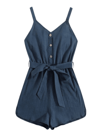 Button Front Self Belted Romper | SHEIN USA blue