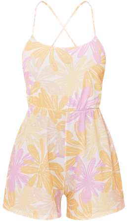 Yellow Floral Print Cross Low Back Strappy Romper | PrettyLittleThing USA