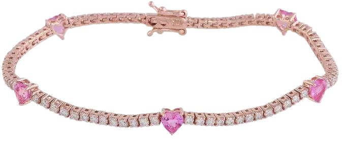 Pink Sapphire 14 Karat Gold Tennis Heart Diamond Bracelet For Sale at 1stDibs | gold bracelet with pink heart, pink diamante bracelet, pink heart braclet
