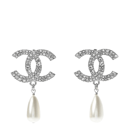 CHANEL Crystal Pearl CC Drop Darling Bows Earrings Silver Pearly White 541848