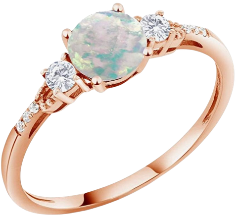 10K Rose Gold Cabochon White Simulated Opal White Created Sapphire Women's Ring