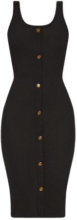 Black Ribbed Button Detail Midi Dress | PrettyLittleThing