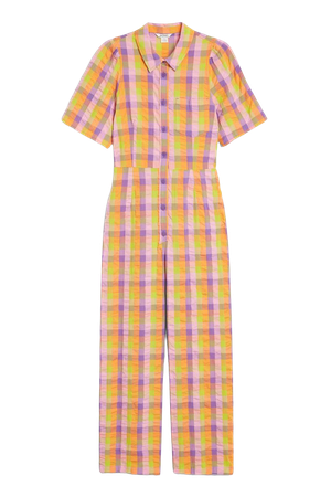 Check short sleeve seersucker jumpsuit - Multicolour check - Monki WW
