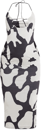 Monochrome Abstract Print Trim Detail Halterneck Midi Dress | PrettyLittleThing USA