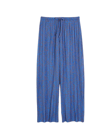 Petite blue print plisse wide leg trousers | River Island