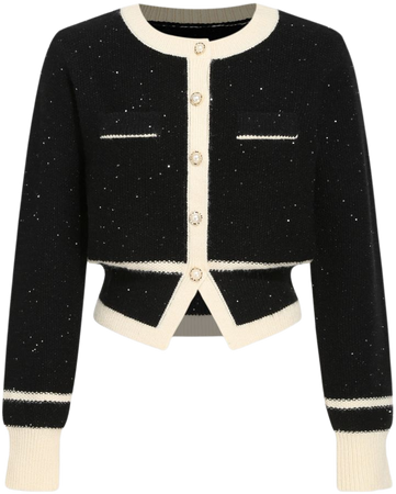 Sequin Contrasting Binding Faux Pearl Button Knitted Cardigan - Cider