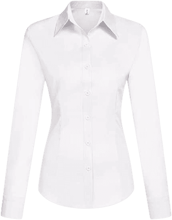 Hotouch Womens Solid Long Sleeve Stretchy Button Down Collared Office Formal Blouse (White L) at Amazon Women’s Clothing store