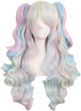 Amazon.com: MapofBeauty Multi-color Lolita Long Curly Clip on Ponytails Cosplay Wig (Pink/ Blue/ Blonde) : Clothing, Shoes & Jewelry