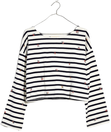 Cross-Stitch Embroidered Supercrop Long-Sleeve Tee in Stripe