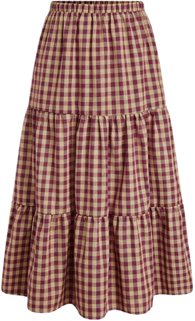 Woven High Rise Check Tiered Midi Skirt - Cider