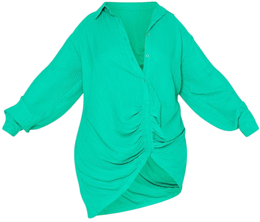 Plus Green Textured Gathered Shirt Dress | PrettyLittleThing USA