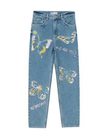 Slim fit mom jeans with butterfly print - Denim - Woman | Bershka