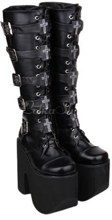 *clipped by @luci-her* Gothic Black Lolita Boots High Platform Buckles Cross Print - Lolitashow.com
