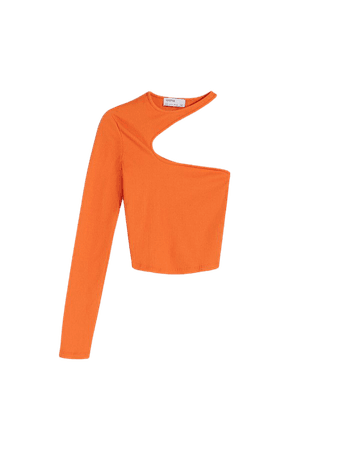 Ribbed asymmetric short sleeve T-shirt - Tees and tops - Woman | Bershka