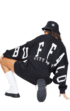 Black Buffalo New York Slogan Jumper Dress | PrettyLittleThing USA