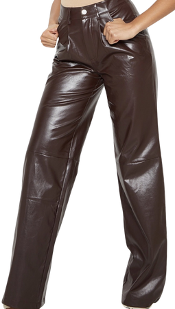 Chocolate faux leather pleat detail wide leg trousers