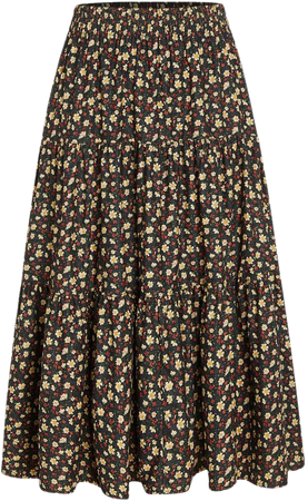 Corduroy Mid Waist Floral Maxi Skirt - Cider