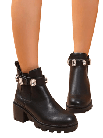 Rhinestone Decor Chunky Heeled Chelsea Boots | SHEIN USA