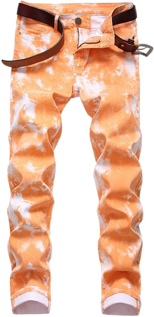 DANT BULUN Men's Fashion Casual Printed Jeans Stretch Skinny Denim Pants(W32, Orange) at Amazon Men’s Clothing store