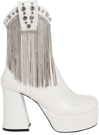 Sugar Thrillz Rhinestone Girl Fringe Cowboy Western Platform Boots - White – Dolls Kill
