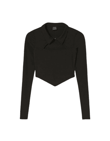 Long sleeve polo collar V-neck T-shirt - Tees and tops - Woman | Bershka