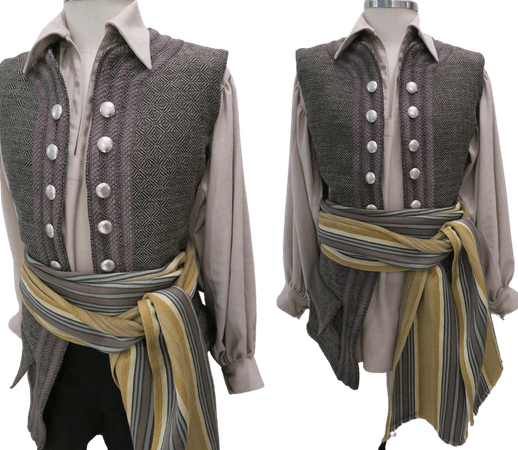 gray vest, cream linen pirate shirt, black linen pants and yellow striped sash