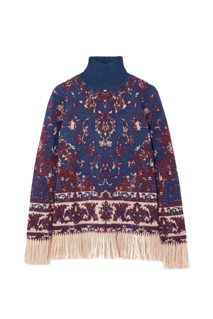 Purple Fringed intarsia alpaca, cotton and wool-blend turtleneck sweater | Paco Rabanne | NET-A-PORTER