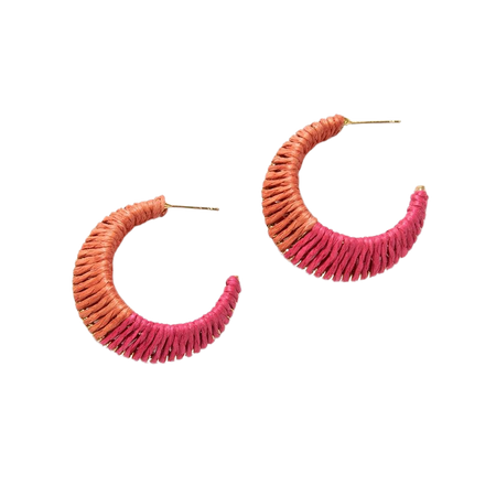 CORAL HOT PINK RAFFIA WRAPPED HOOP EARRINGS - INK+ALLOY