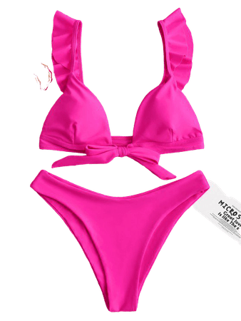 [48% OFF] [POPULAR] 2020 ZAFUL Neon Ruffled Knot High Cut Bikini Swimsuit In HOT PINK | ZAFUL
