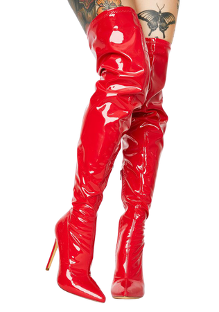 *clipped by @luci-her* Vinyl Thigh High Stiletto Boots Red | Dolls Kill
