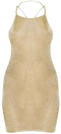 Charlay Gold Sheer Metallic Knitted Halterneck Dress | PrettyLittleThing