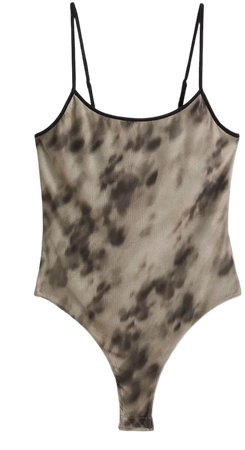 Mesh Thong Bodysuit - Low-cut Neckline - Sleeveless -Taupe/patterned -Ladies | H&M US