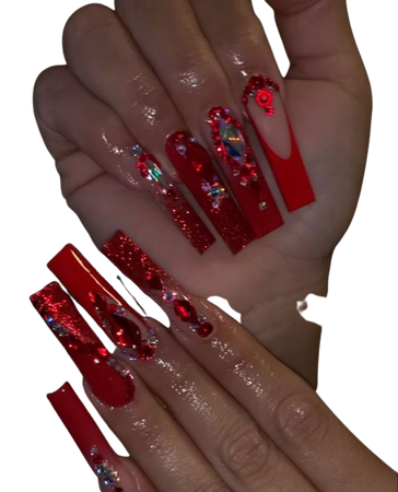 glam red nails french tip rhinestones | Burgundy acrylic nails, Red nails,  Quince nails
