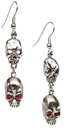 Gothic Double Skulls Dangle Earrings with Red Crystal Eyes