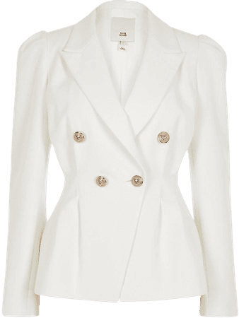 White double breasted pleated waist blazer | River Island