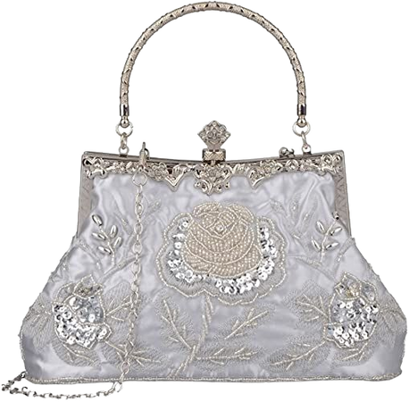 KISSCHIC Women's Handbag Vintage Rose Embroidered Beaded Sequin Evening Bag Wedding Party Clutch Purse (Silver): Handbags: Amazon.com