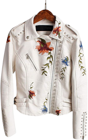 LY VAREY LIN Women's Floral Embroidered Faux Leather Moto PU Jacket Coat (M, Beige) at Amazon Women's Coats Shop